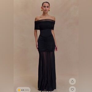Slinky and mesh off the shoulder dress